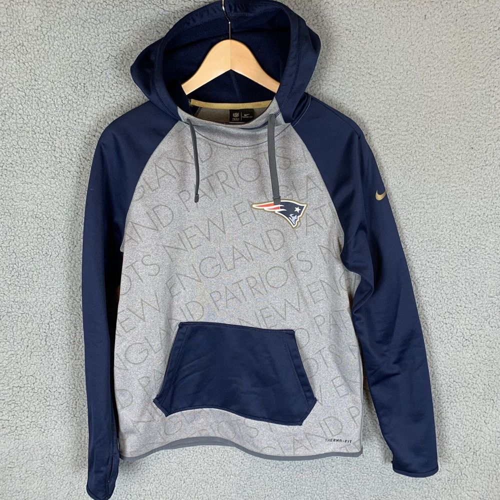 New England Patriots Nike Hoodie‎ Mens Small Gray Blue Therma-Fit Sweatshirt